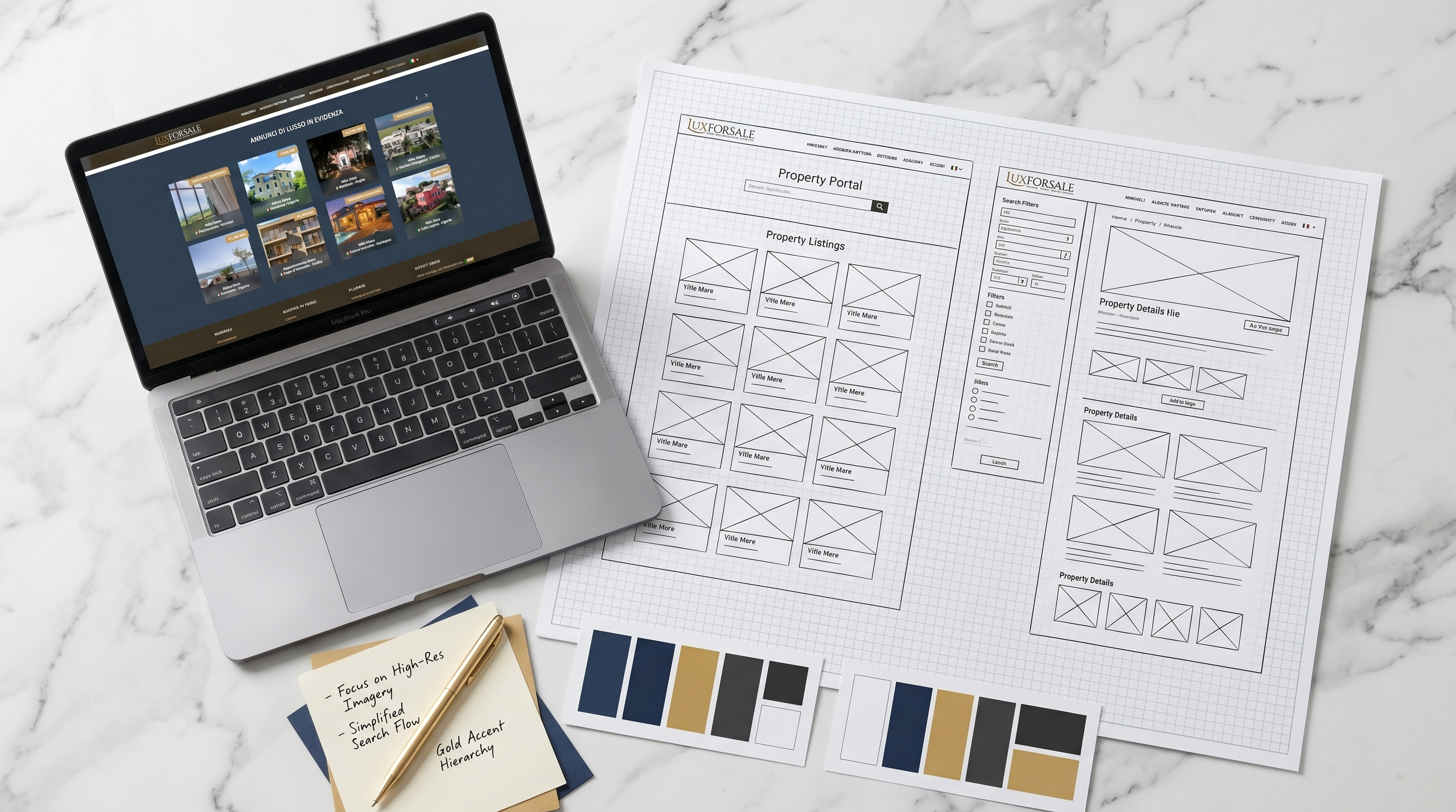 Wireframe e palette colori in fase di esplorazione