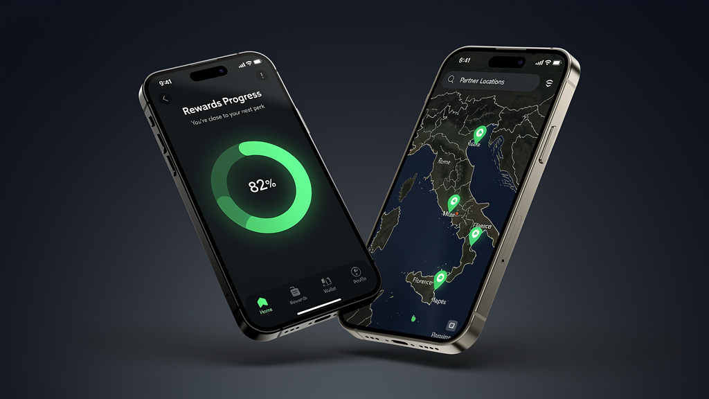 App Smart Gain — SmartCredit wallet e mappa partner su iPhone